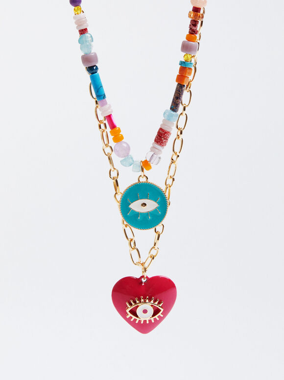 Conjunto de colar com pedra e pingentes - Multicolorido