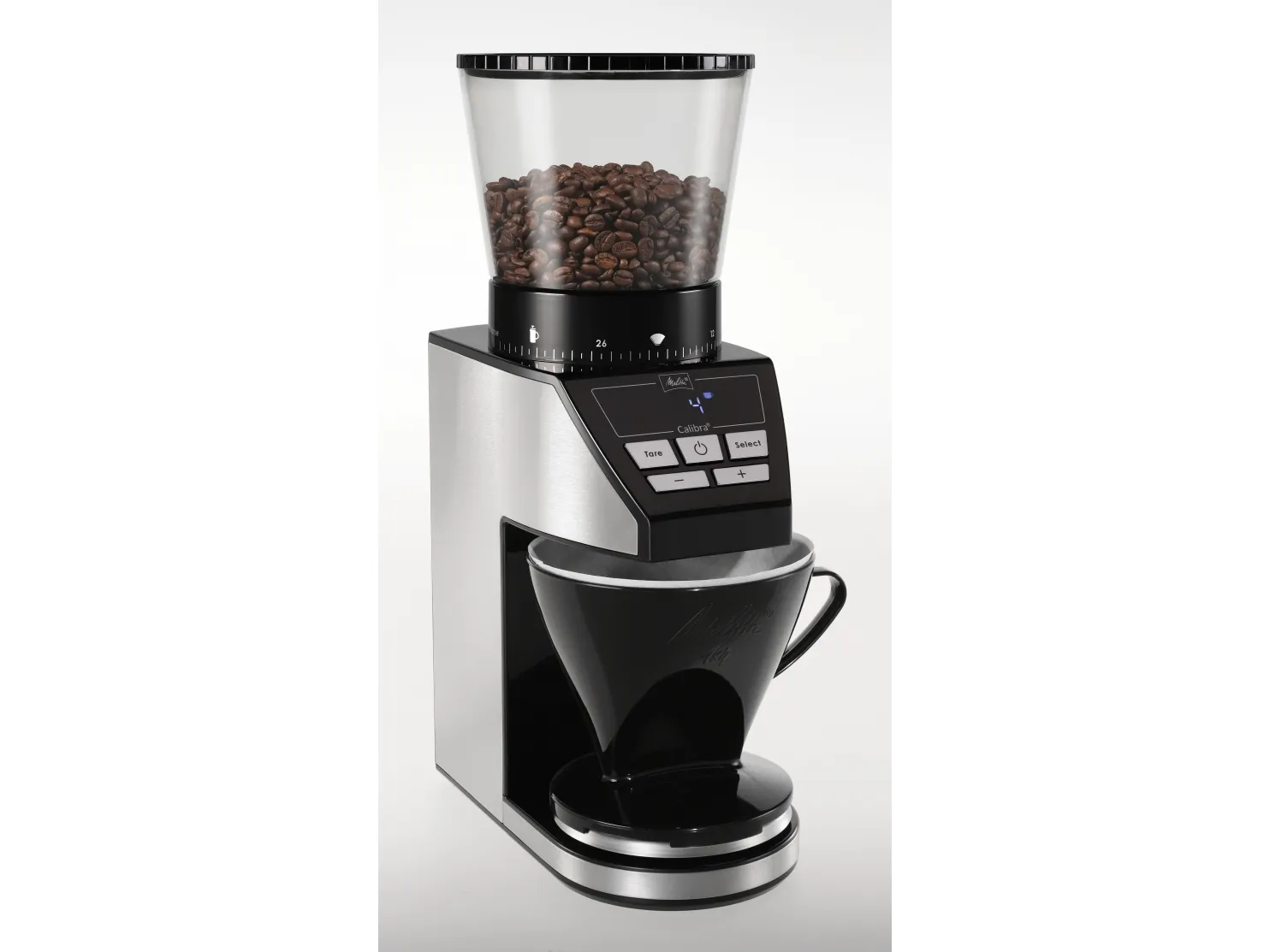 Melitta 1027-01, Burr kværn, 375 g, Konisk møtrik, LCD, Sort, Rustfrit stål, 160 W