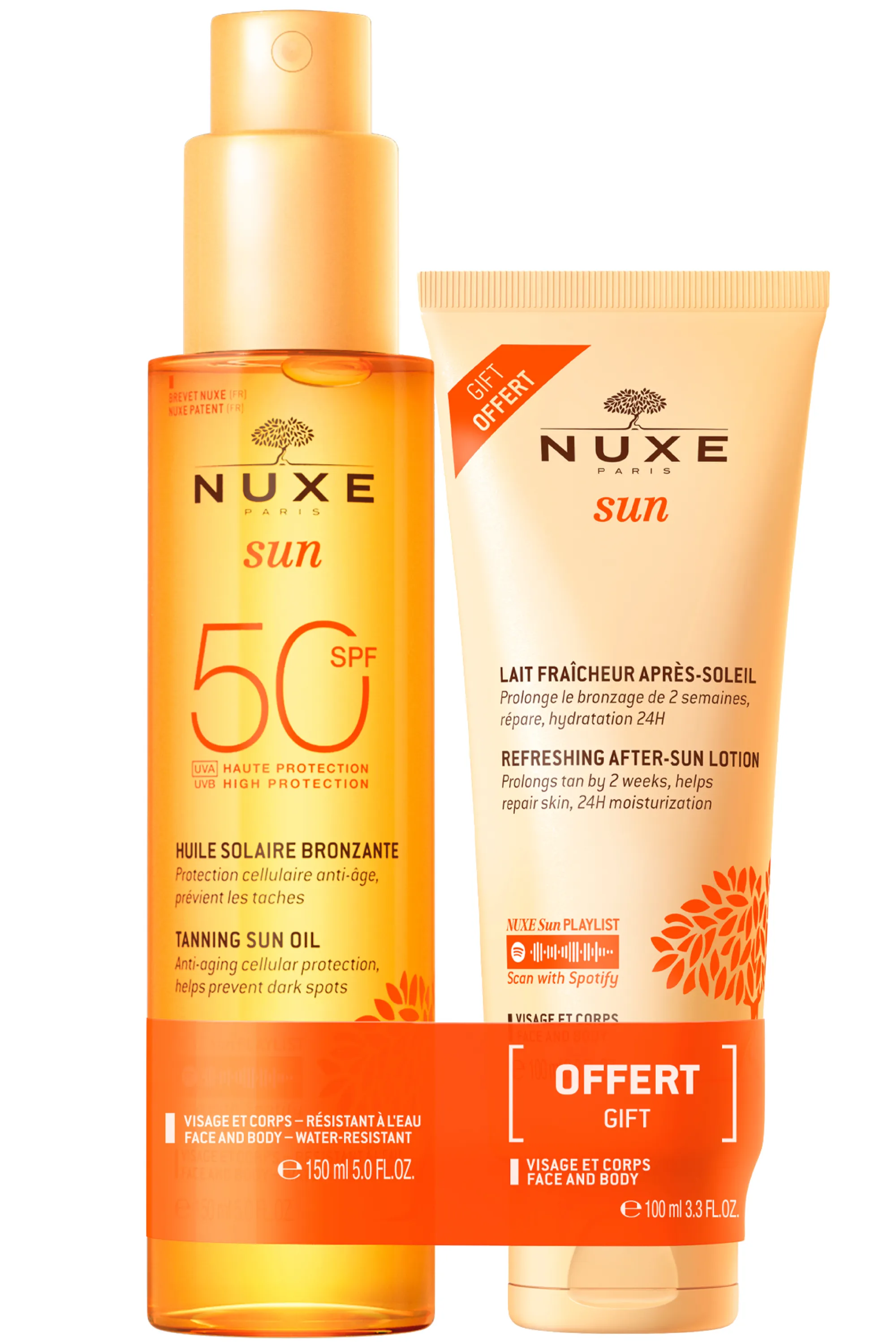Nuxe Huile bronzante haute protection SPF50 et Lait fraîcheur après-soleil visage et corps-250 ml