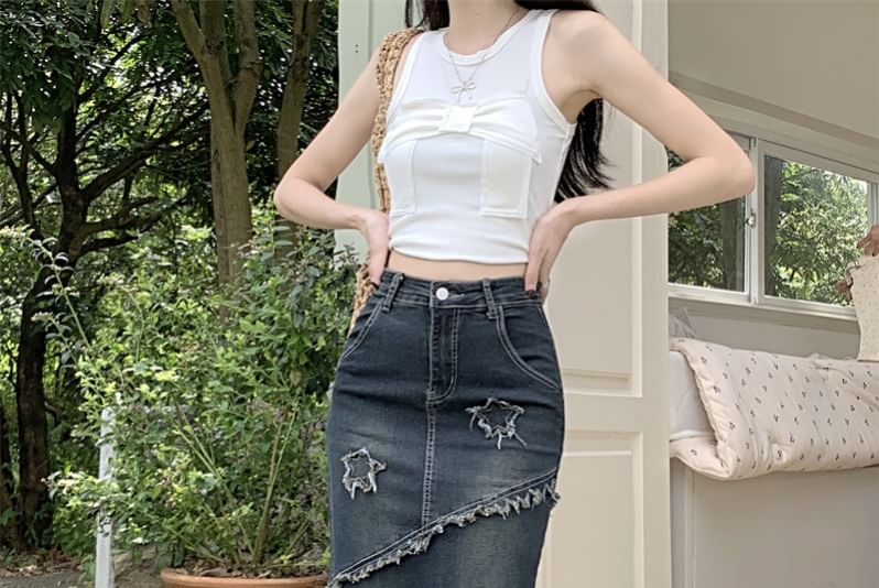Bolgivy - Midi-rok met hoge taille, sterrenapplicatie en franjes