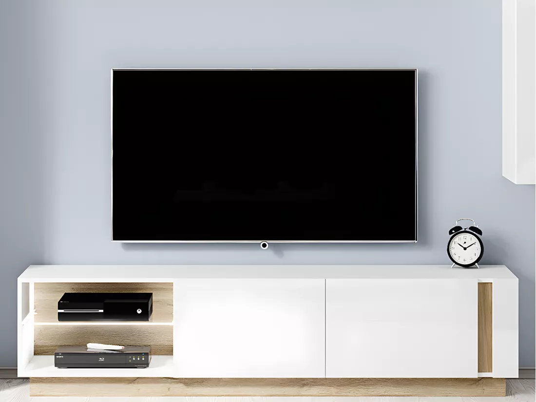 Ensemble buffet et meuble TV blanc brillant et naturel - Séjour lumineux MURARI