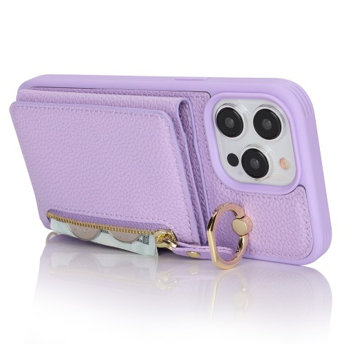 iPhone 15 Pro Max Necklace Leder Hülle mit Münzfach und Kartenfächer   Finger Griff Halterung   Handykette - Lila