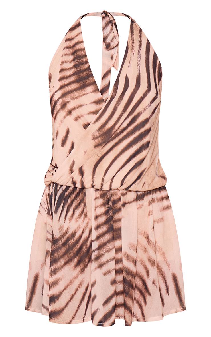 Orange Robe Courte Fluide Petite Taille À Imprimé Animalier En Mousseline Avec Dos Nu Et Col Licou