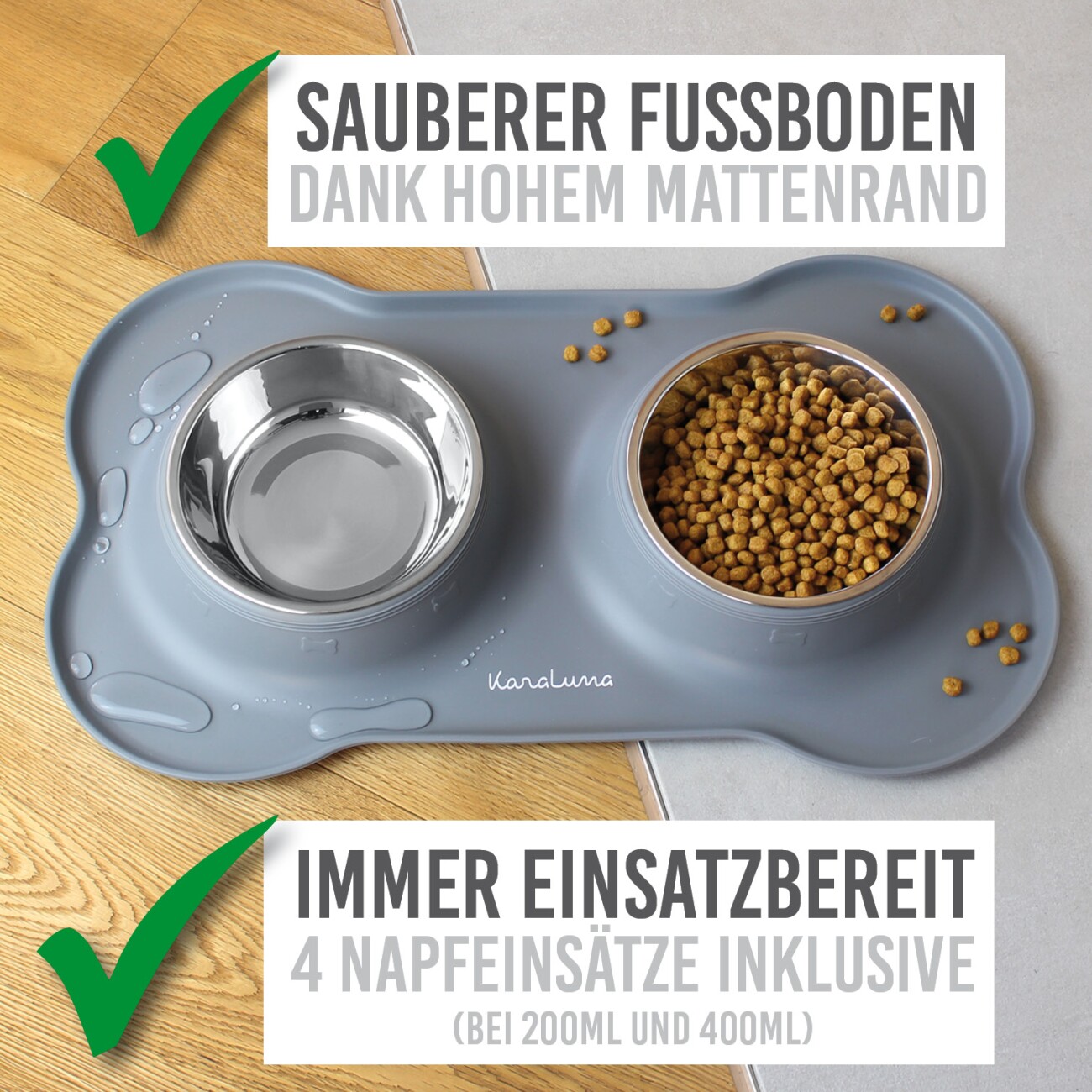 KaraLuna Doppelnapf Napfunterlage mit 4x Napf  grau S