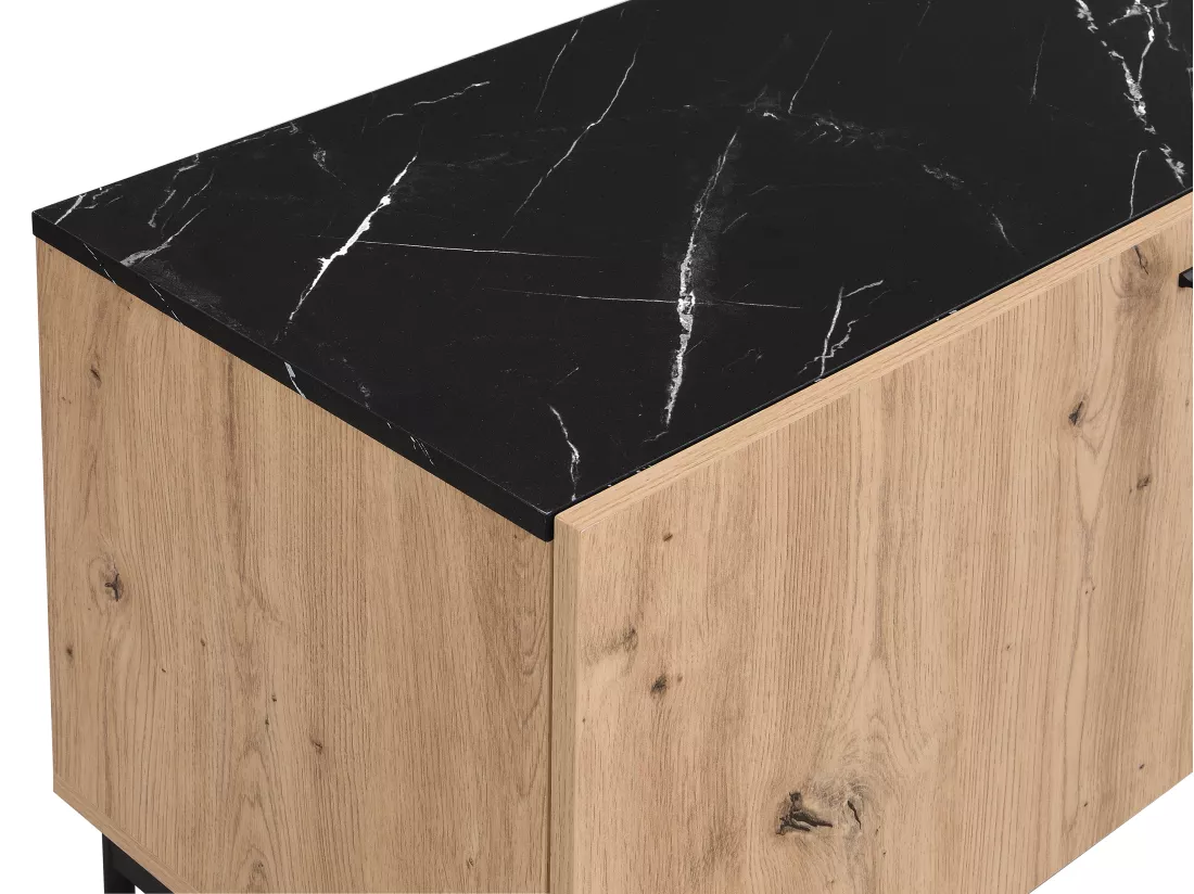 Meuble TV avec 2 portes, 1 tiroir et 1 niche en MDF et métal - Naturel clair et Effet marbre noir - LIOMENA de Pascal Morabito