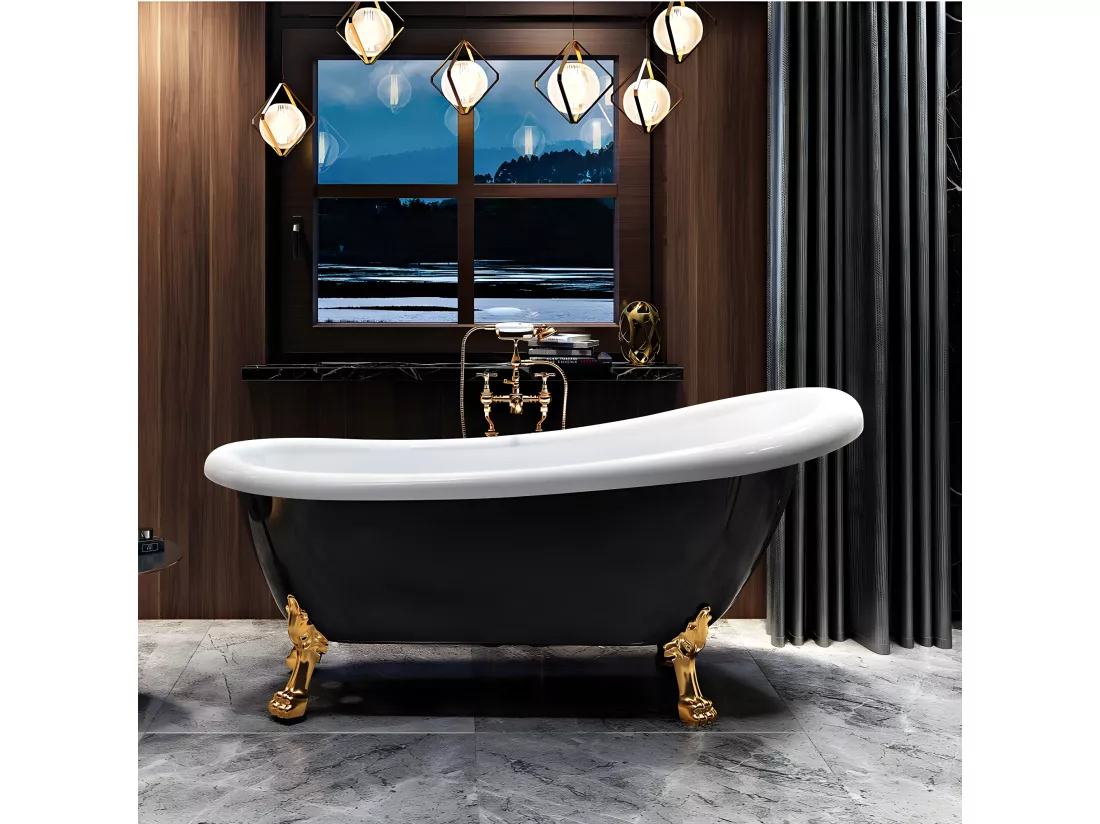 Baignoire ancienne rétro sur pieds RICHMOND Noire 171 cm Pieds de Lion Bronze jaune vieilli
