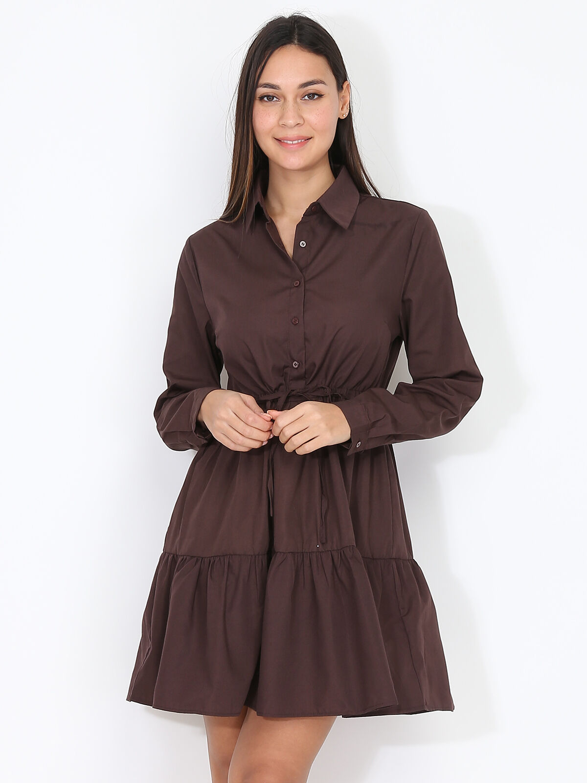 Robe chemise à volants- Marron