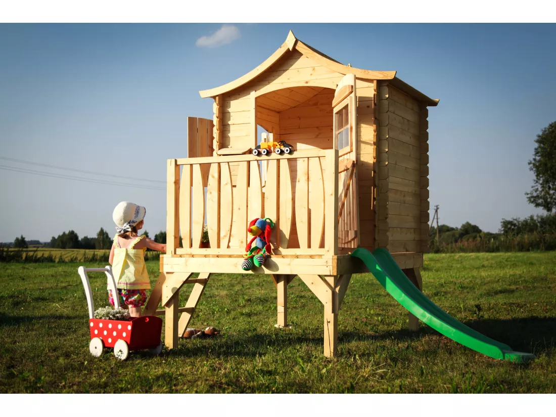 Maisonnette en bois avec toboggan - 112x146xH212cm/1.1m2 - Timbela M550A