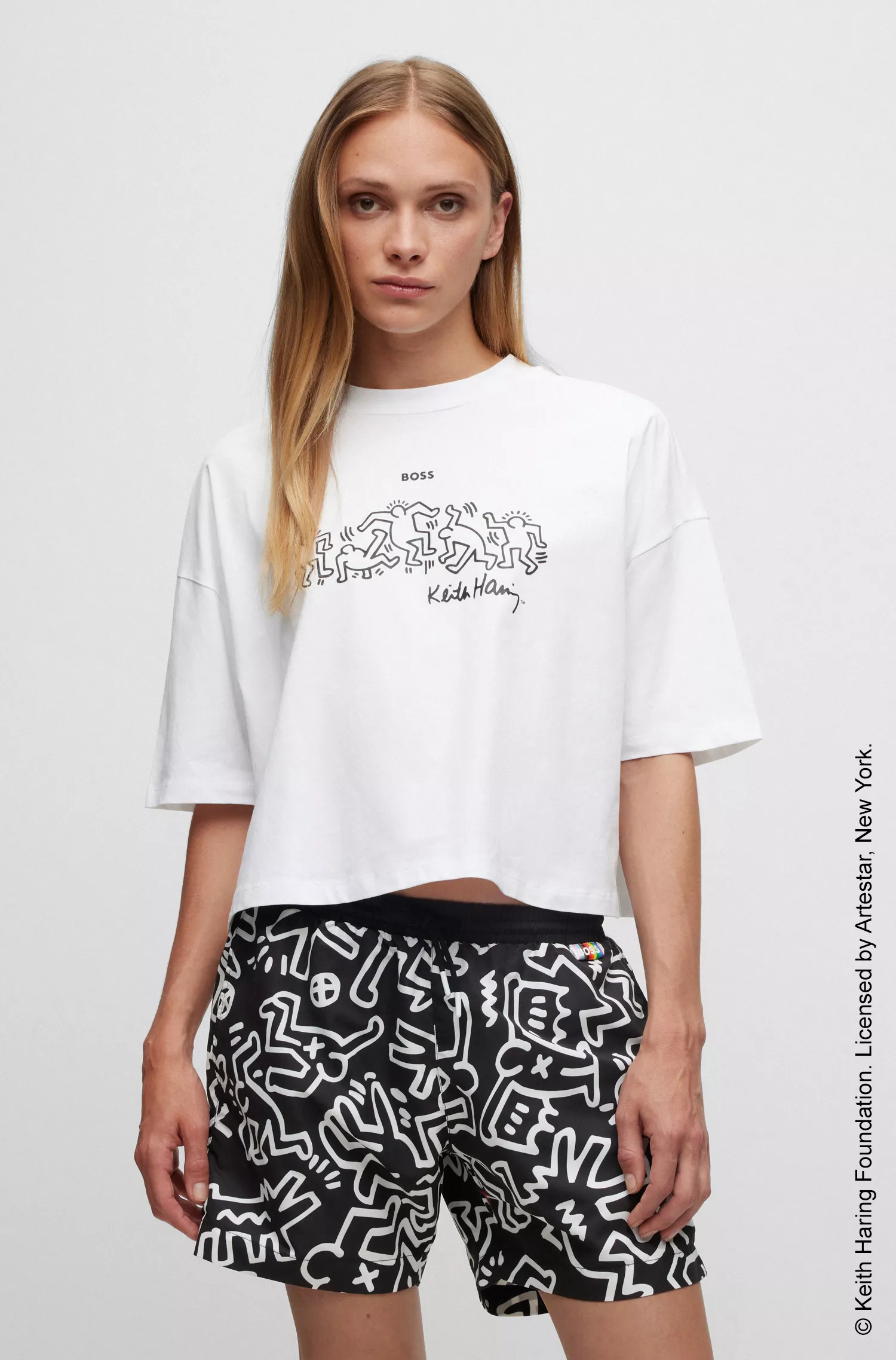 Calções de banho unissex BOSS Black-BOSS x Keith Haring em tecido reciclado de secagem rápida.