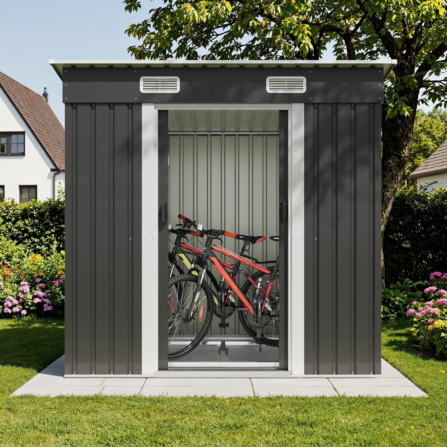 Devoko Metall Geräteschuppen 183x109x182cm mit Fundament, 3.6m³ Gerätehaus mit Pultdach und Schiebetür, Outdoor, Wetterfest, Gartenschuppen für Fahrrad,Terrasse, Rasen, Anthrazit