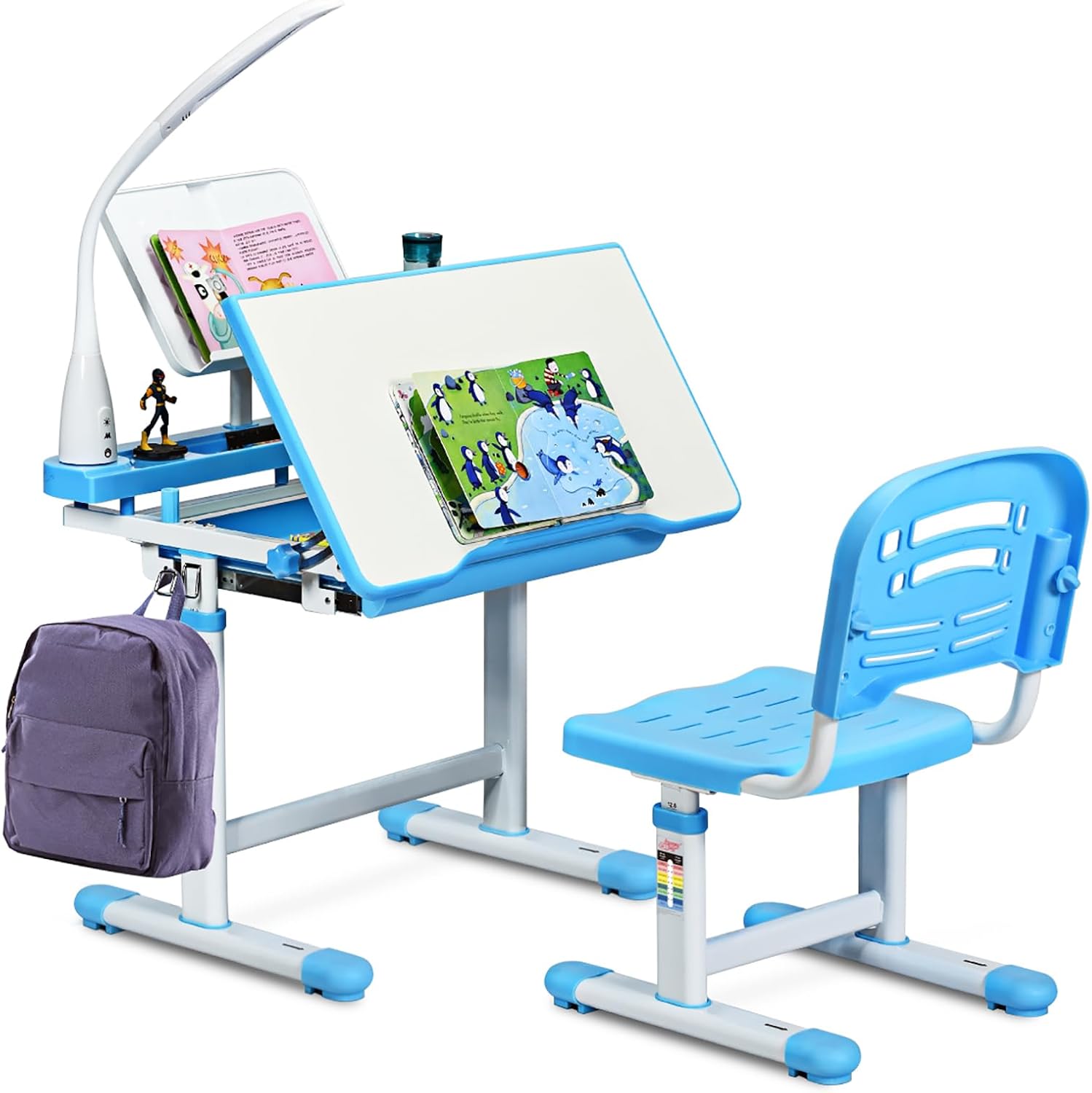 COSTWAY Kinderschreibtisch höhenverstellbar, Schülerschreibtisch mit Lampe, Kindermöbel neigungsverstellbar, Kindertisch mit Stuhl, Schreibtisch mit Schublade, Farbewahl (Hellblau)