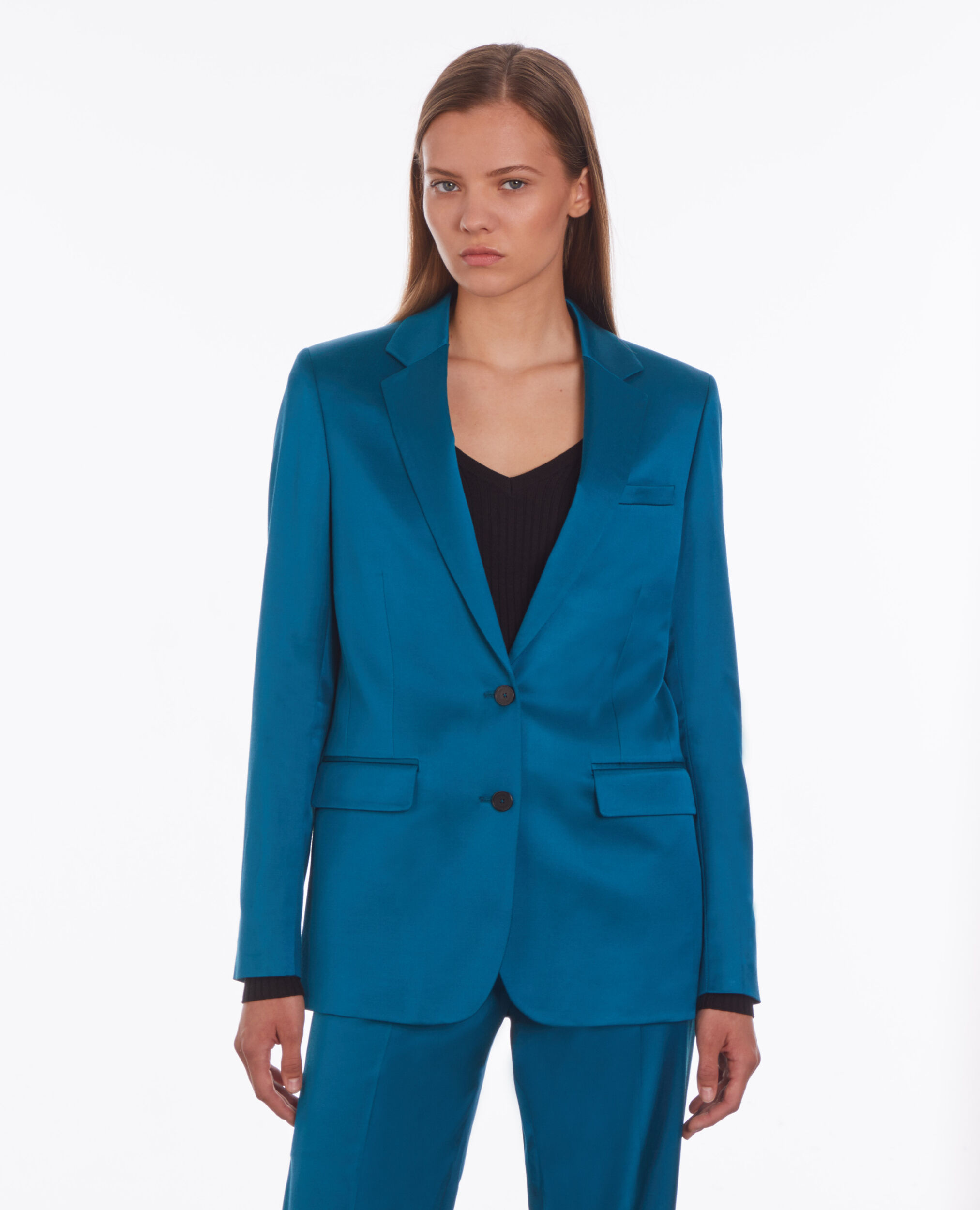 Veste tailleur bleue satinée