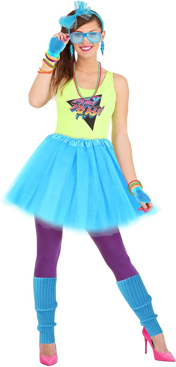 (19-tlg. Set) Fasnachts Erwachsenen Kostüm 80er Jahre Neon Verkleidung für Motto Partys inkl. Netzhandschuhe / Tüllrock / Stulpen / Brille - Blau