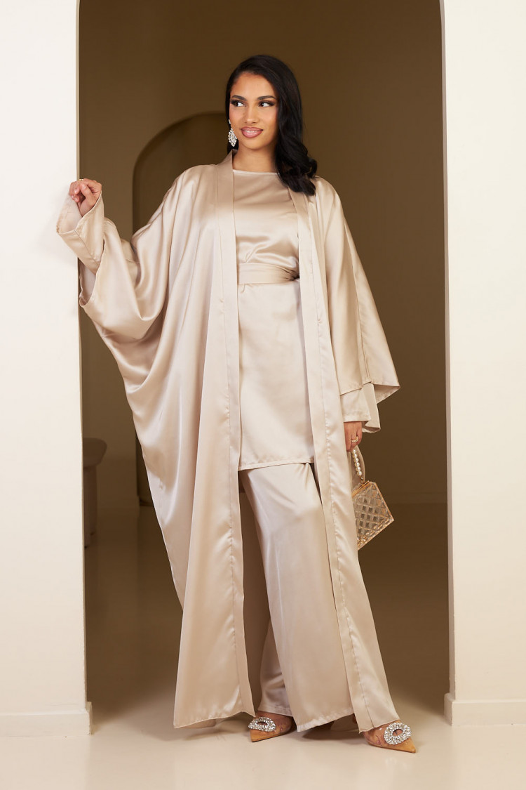 Ensemble 3 pièces blouse + pantalon + gilet + ceinture beige