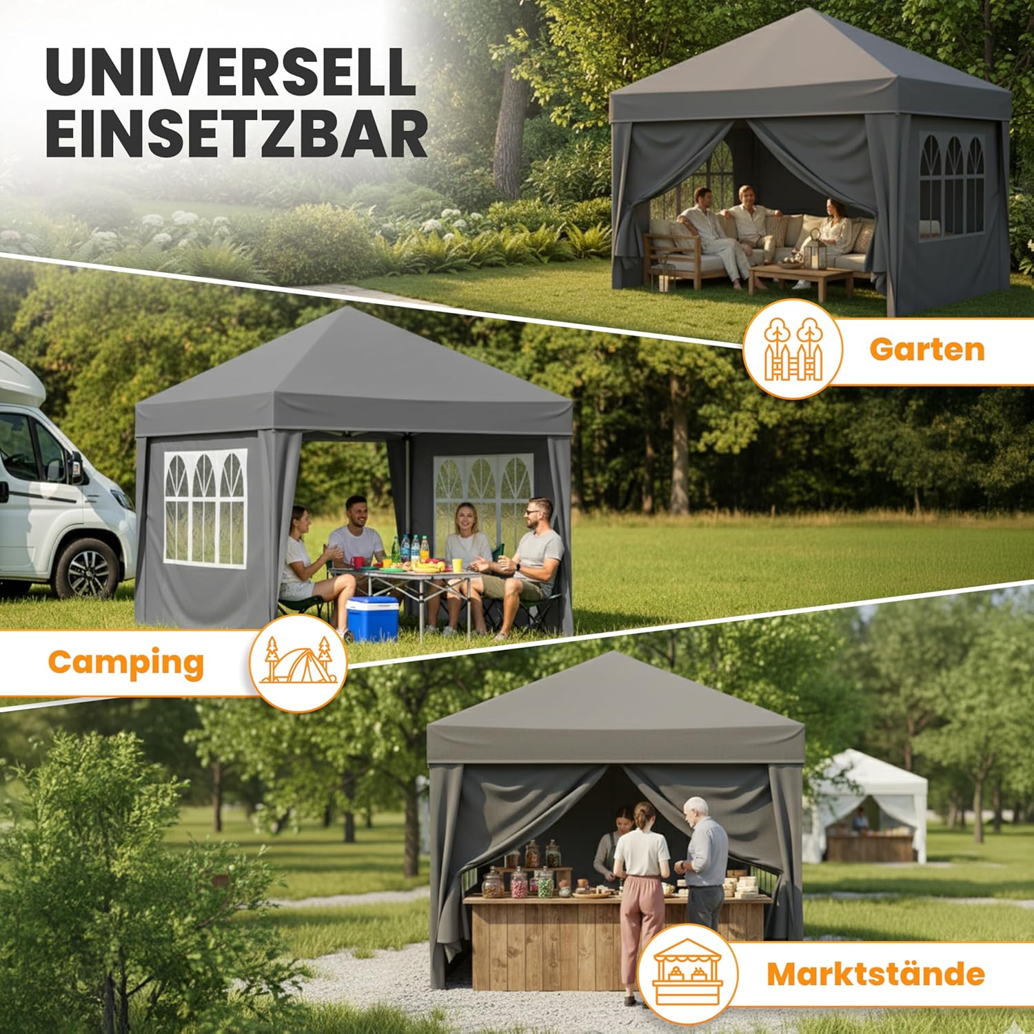 Pavillon 3x3 Wasserdicht Stabil Winterfest und UV 50+ Schutz - Faltpavillon mit Seitenwänden - Pop Up Zelt für Garten, Camping, Märkte - Gartenpavillon (Grau, 3x3m)