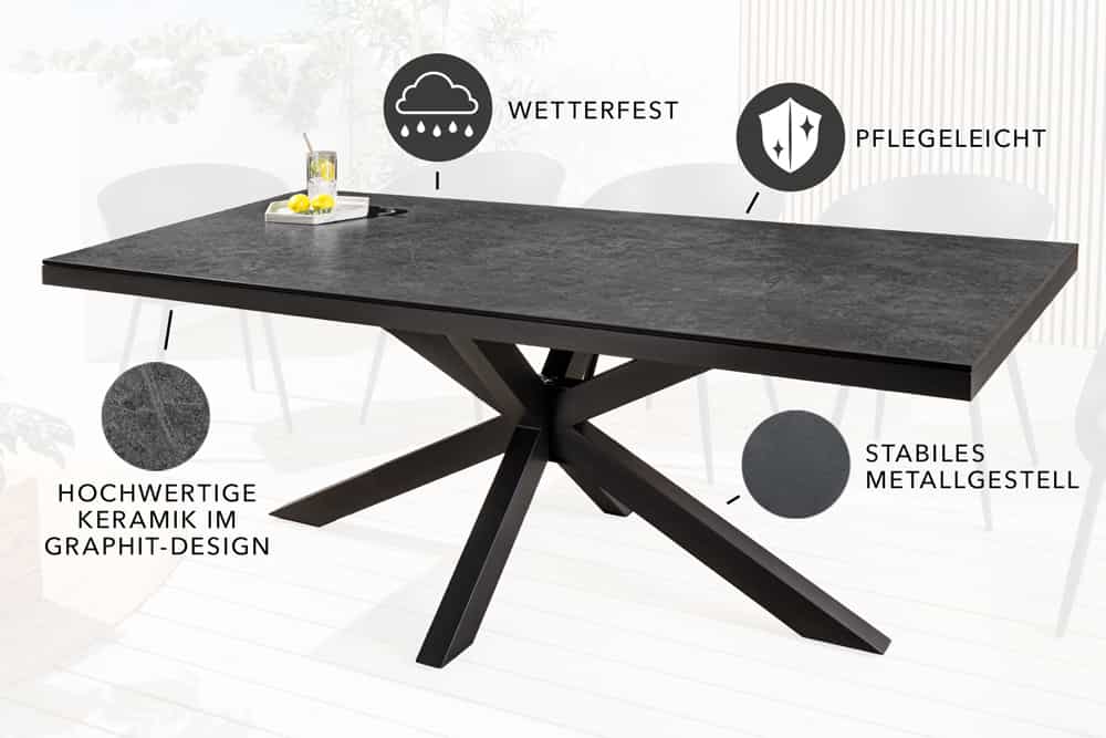 In- und Outdoor Esstisch GALAXIE 180cm anthrazit Keramik Aluminium Gartentisch