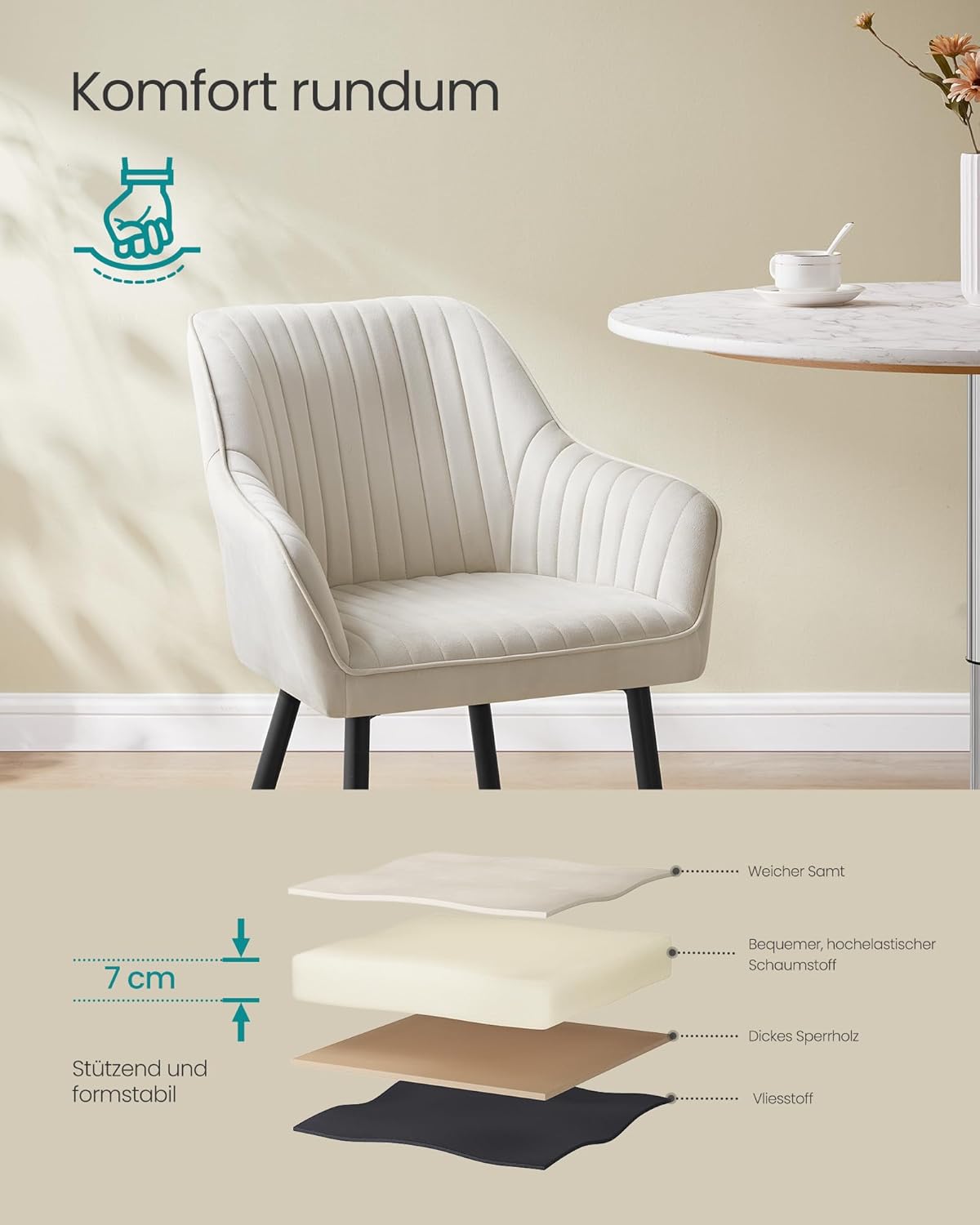 SONGMICS Esszimmerstuhl 6er Set, Küchenstuhl, Sessel, Samt, Polsterstuhl mit Armlehnen, Loungesessel, bis 120 kg belastbar, Metallbeine, für Esszimmer, Küche, cappuccinobeige LDC087W16