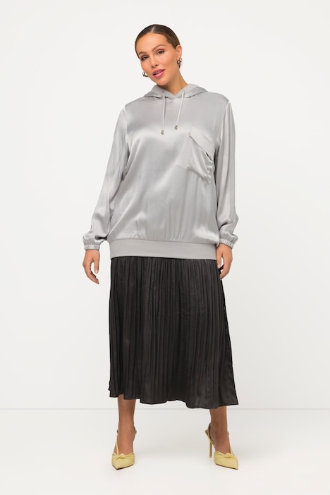 Bluse, Satin, Kapuze, Brusttasche, Langarm