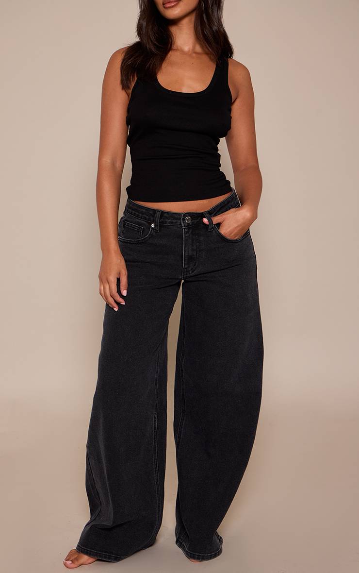 Noir Délavé Jean Large Taille Mi-haute En Denim Stretch