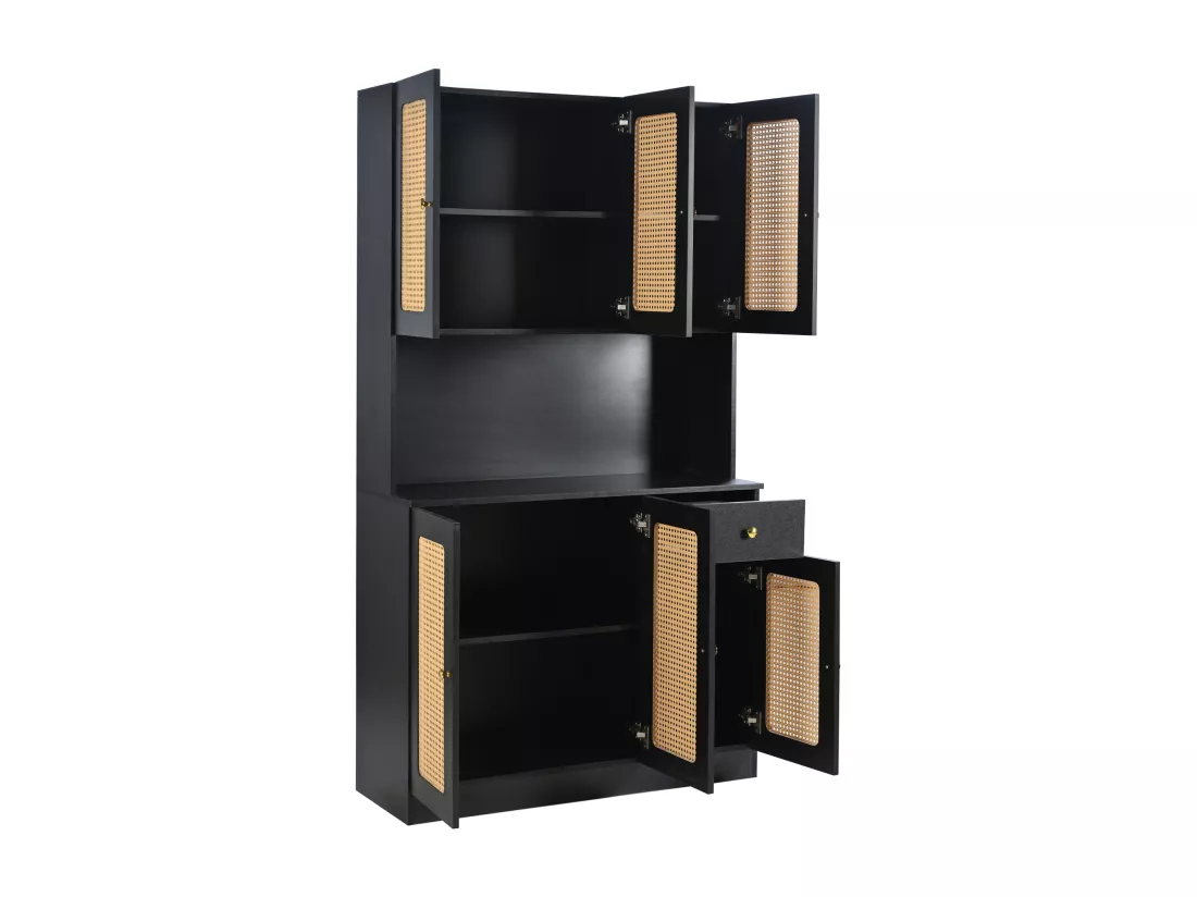 Vitrine H 180cm - 6 portes en rotin et un tiroir - Noir