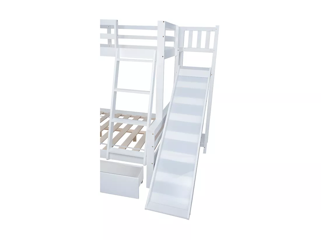 Lit superposé cabane avec toboggan + tiroirs - cadre en pin - 90x200cm + 120x200cm - Blanc