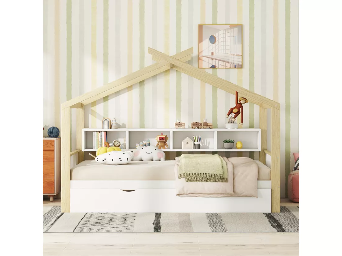 Lit cabane 140x200cm, lit de maison d'enfant, équipé d'un lit gigogne, 4 compartiments de rangement, blanc