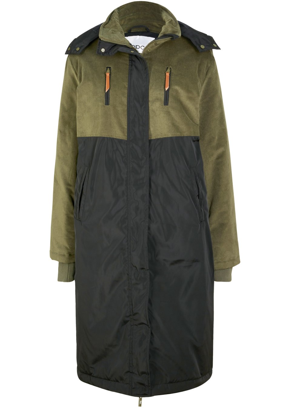 Parka longue à capuche en mélange de matières, coupe droite