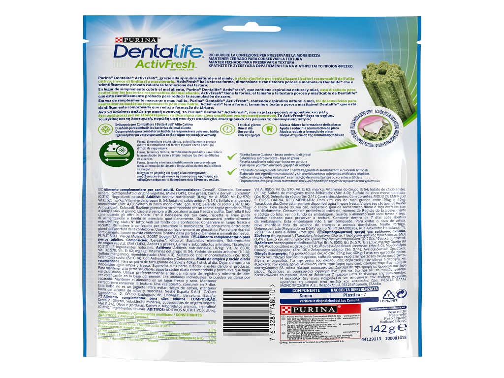 SNACK CÃO DENTALIFE ACTIVFRESH GRANDE 142G 4UN