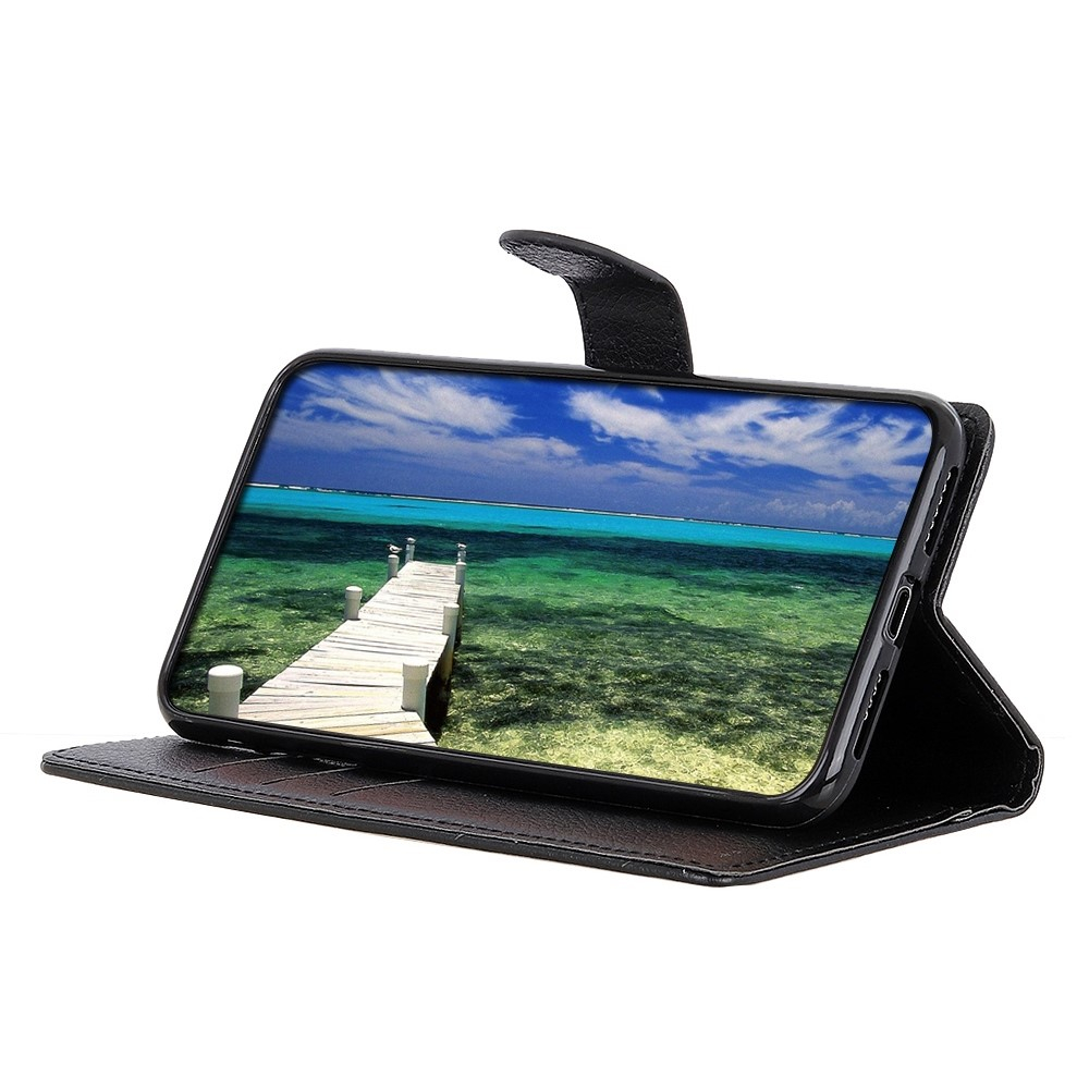iPhone 16 Leder Tasche Flip Cover Litchi Look - Schwarz