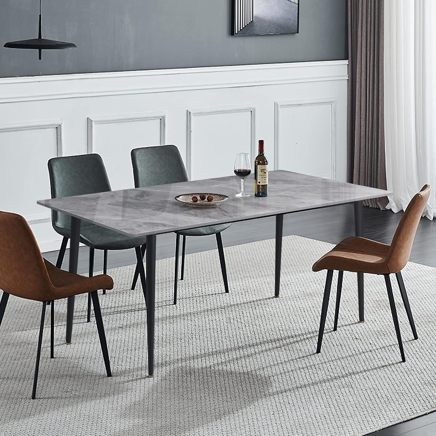 FATIVO Esszimmertisch Marmor Esstisch 120x70cm, Küchentisch klein 4 Personen schmaler Esstisch einfach Wohnzimmer Grau Hochglanz Skandinavisch Tische für Esszimmer Restaurant Metall Tischbeine