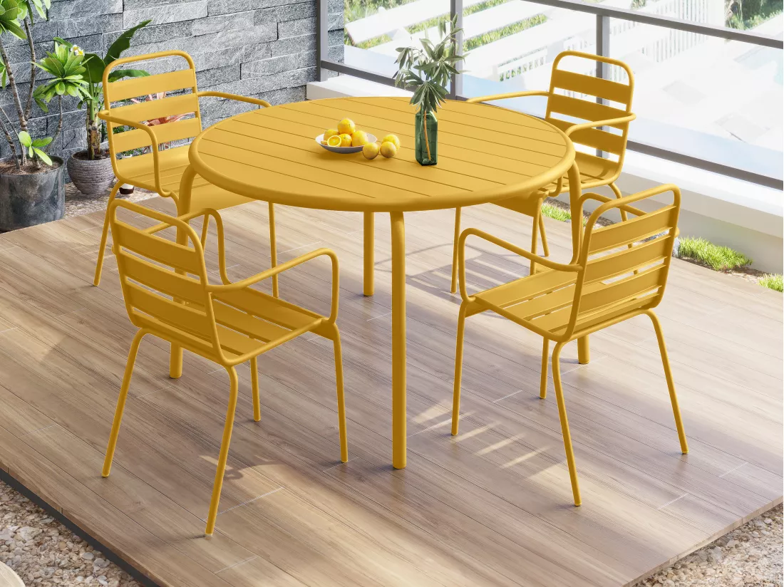 Salle à manger de jardin en métal - une table D.110 cm et 4 fauteuils empilables - Jaune moutarde - MIRMANDE de MYLIA