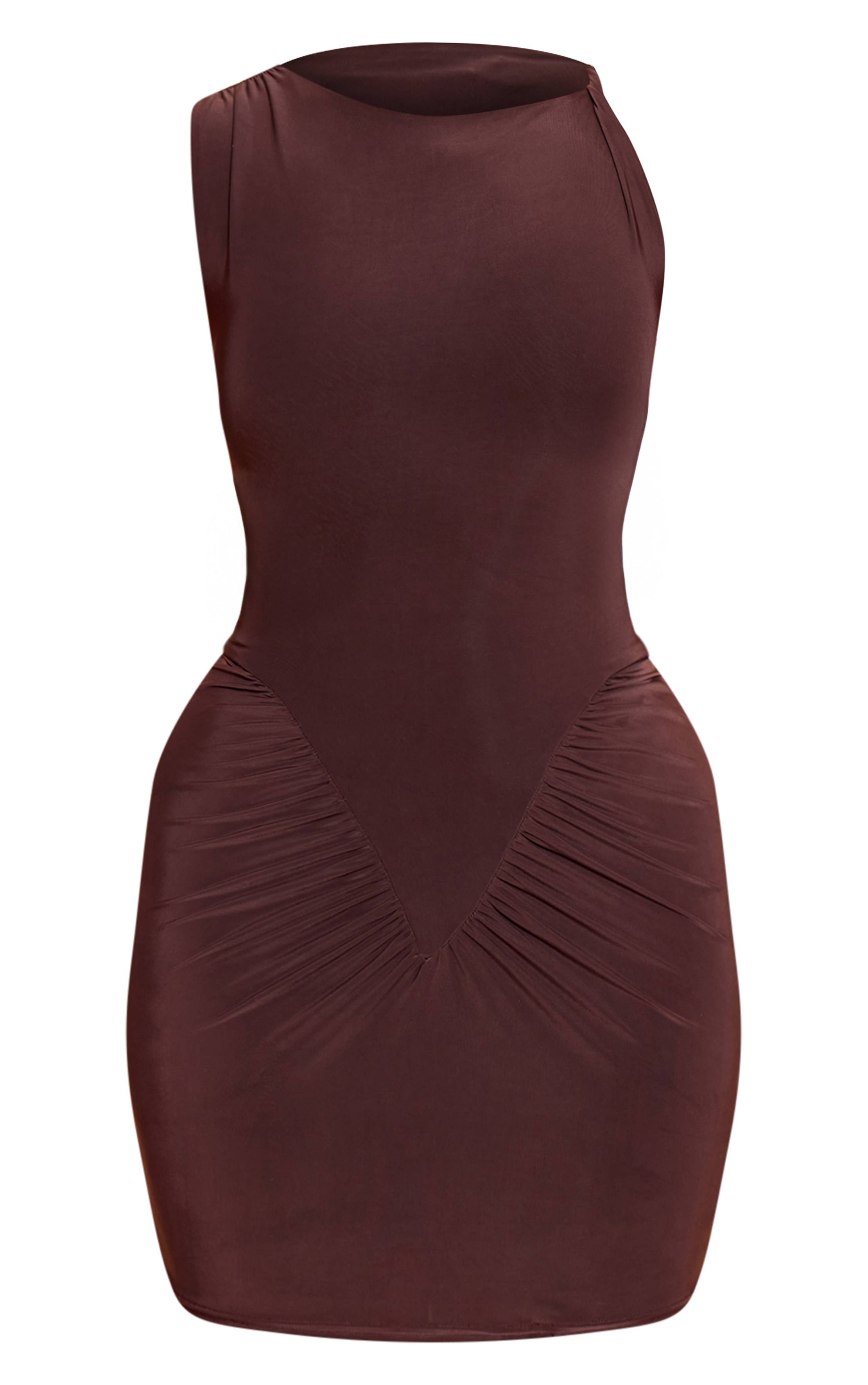 Chocolat Robe Mini Moulante Sans Manches Froncée Taille En V