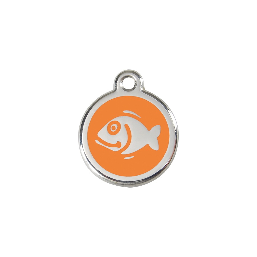 Etiqueta de identificação para gatos em aço inoxidável esmaltado com desenho de peixe laranja