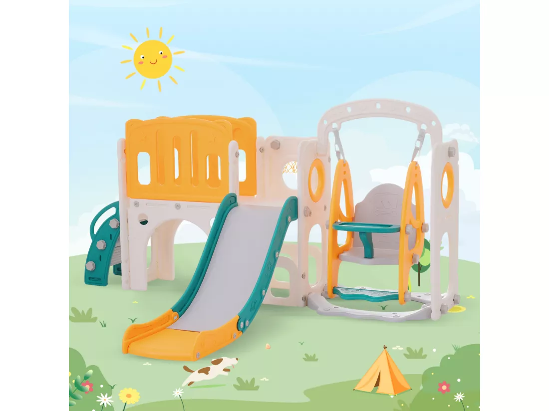 Toboggan 7 en 1 pour enfant, avec balançoire, plate-forme, zone de rangement, arcade, panier de basket, escalier, PEHD, vert+jaune