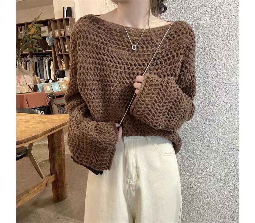 Inchioh - Lange mouwen boothals effen pointelle gebreide top