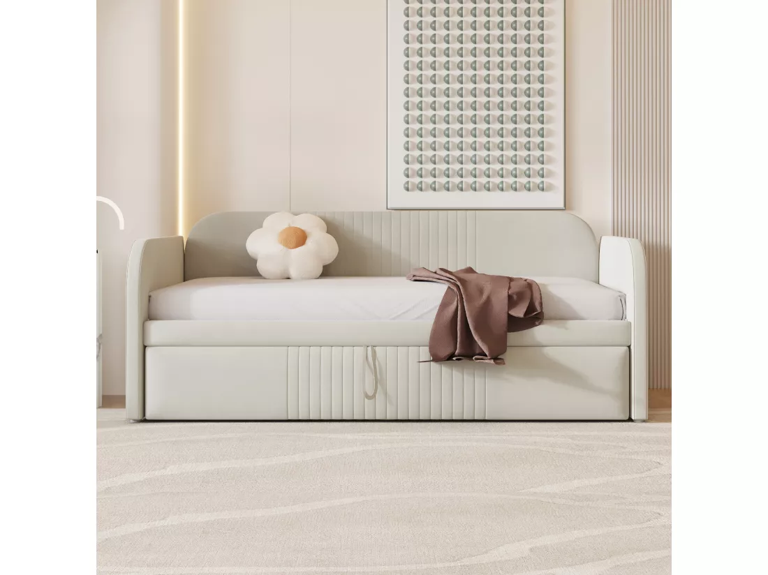 Lit gigogne 90/180 x 190 cm - tissu en lin - motif à rayures verticales - coloris gris beige (matelas non inclus)