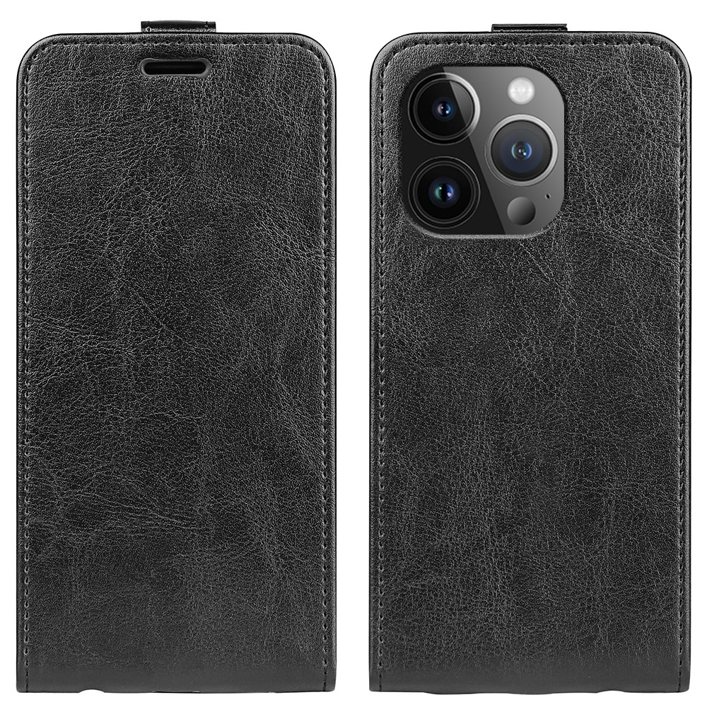iPhone 15 Pro Leder Tasche Flip Cover Vertikal im Retro Look mit Kartenfach - Schwarz