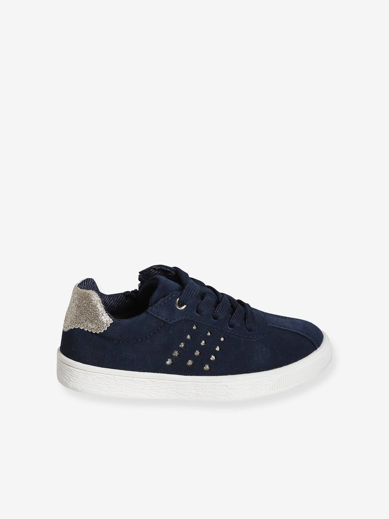 Tênis de couro com cadarços e zíperes com glitter, azul escuro liso para meninas.