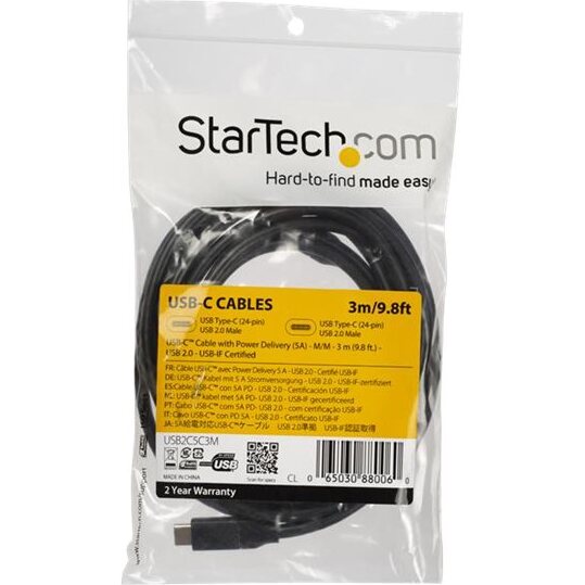 StarTech.com Câble de Charge Rapide USB-C de 3m, Charge et Synchronisation, 100W (5A) PD, USB 2.0, Certifié USB-IF - Cordon de Charge USB C