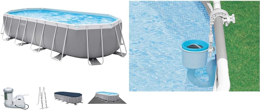 Intex Swimming Pool 610 x 305 x 122 cm Frame Pool Set Prism Oval 26798 & Oberflächenskimmer - Deluxe Oberflächenskimmer zur Wandmontage - Hängeskimmer