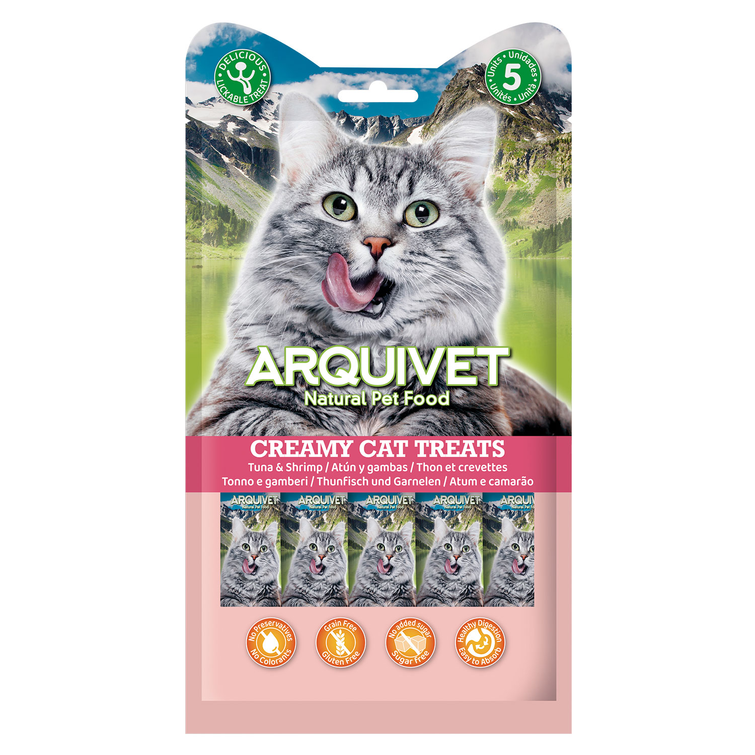Petiscos cremosos para gatos - Atum cremoso e camarão (5 sachês de 14g)