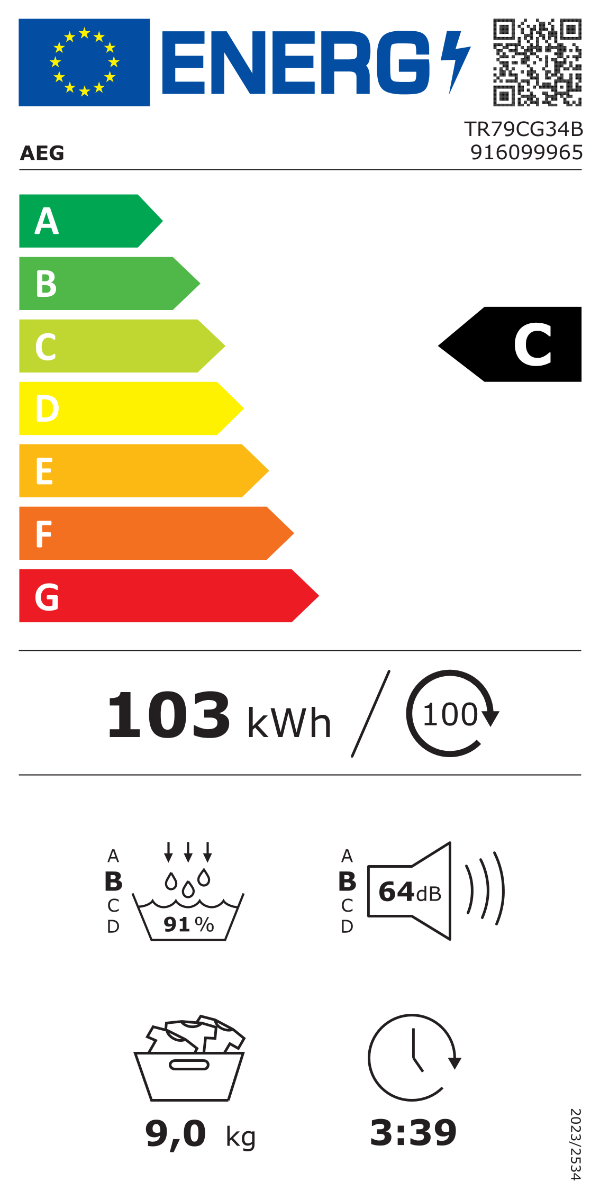 AEG TR79CG34B Warmtepomp droogkast 9kg