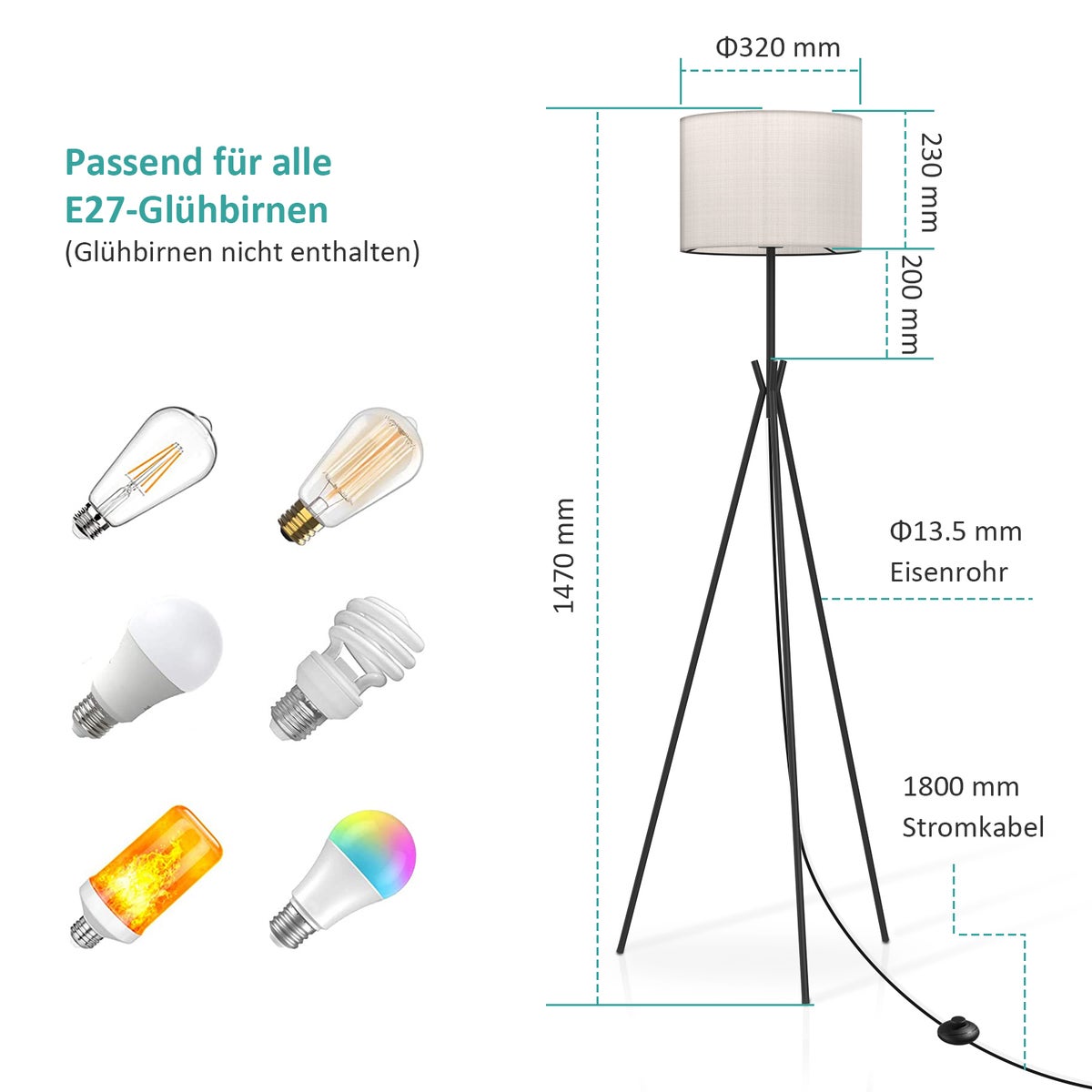 EMKE Briana vloerlamp, E27 statief vloerlamp, vintage stof, zwart, moderne design vloerlamp met voetschakelaar, woonkamerlamp, leeslamp voor kantoor
