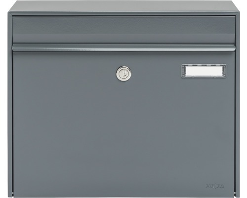 MEFA brievenbus, gepoedercoat staal, BxHxD 385/310/137 mm, Vals 101, basaltgrijs RAL 7012, zijdemat, frontale toegang met klep, naamplaatje