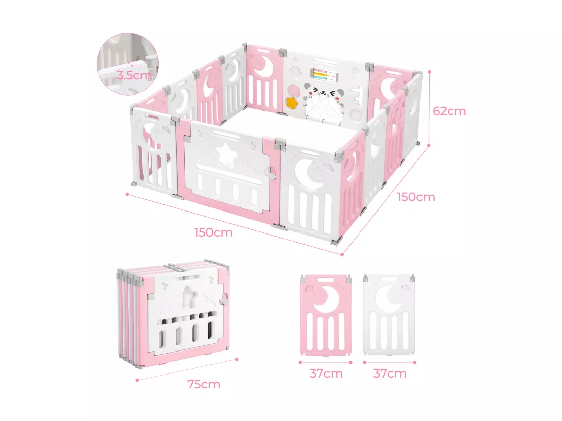 Parc Bébé 12+2 Panneaux,Barrière de Sécurité Portail,Grille de Protection en Plastiqu Ecologiques,150x150x62cm - Rose