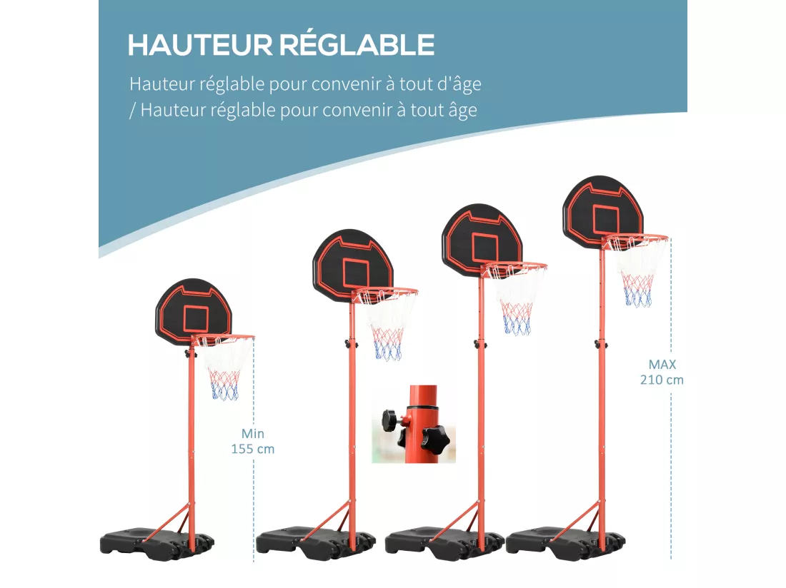 Panier de Basket-Ball sur pied avec poteau panneau, base de lestage sur roulettes hauteur réglable 1,55 - 2,1 m rouge noir