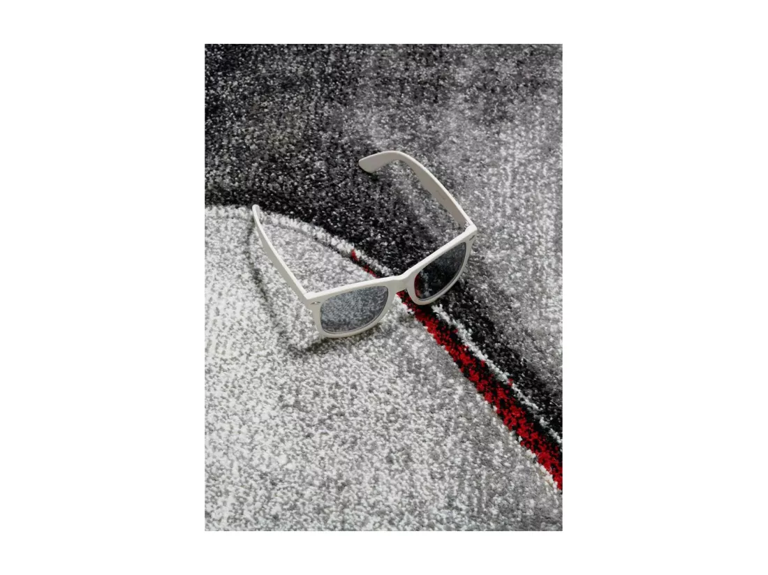 tapis chambre Ø100cm tissé rouge et gris rond motif géométrique MADILA