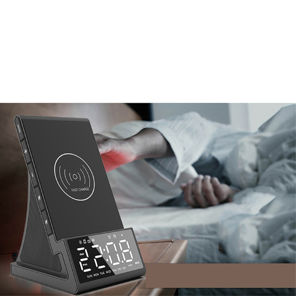 Digitaler LED Bluetooth 5.0 Wecker Tischuhr mit Qi Wireless Ladestation   Fernbedienung - Schwarz