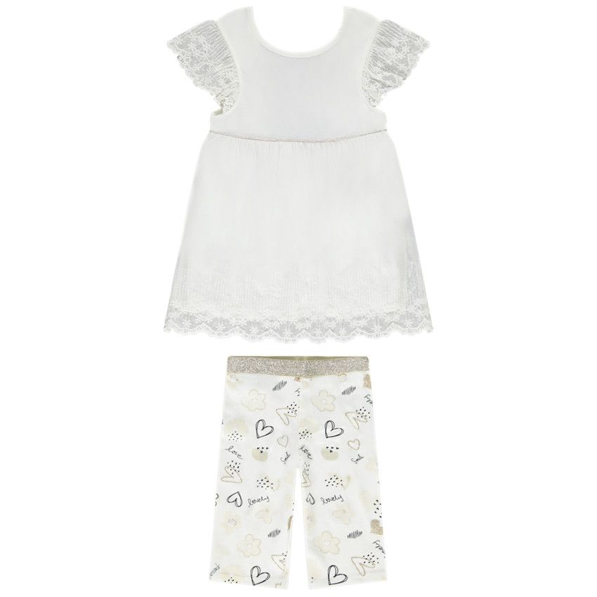 Ensemble 2 pièces tunique brodée + cycliste imprimé pour fille - Ecru