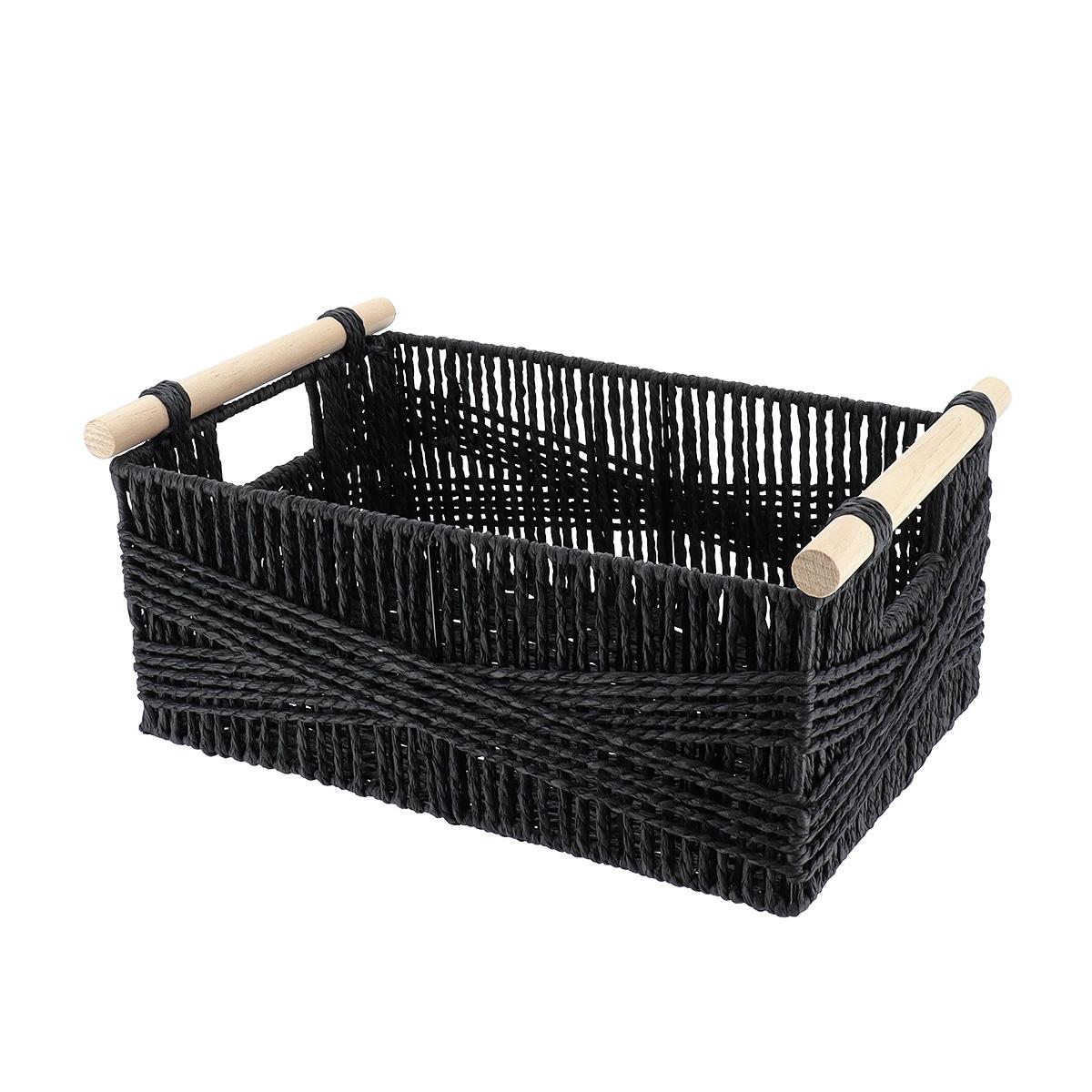 PANIER RECTANGLE PAPIER POIGNEE BOIS 34X23.5X14CM NOIR